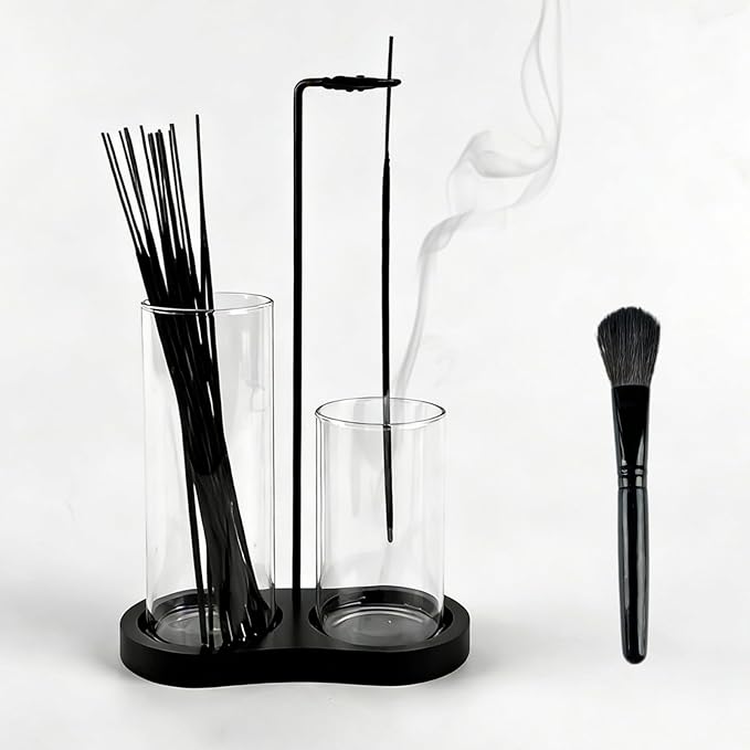 2 in 1 Black Incense Holder for Sticks with Glass Ash Catcher, Anti-Ash Incense Burner for Yoga Meditation Spa, Sleek Minimalist Decor & Incense Holder for Men, Includes Ash Brush