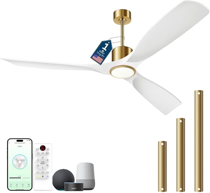 60" Ceiling Fan with Lights,Outdoor Ceiling Fan Work Smart with Alexa/Gg/App/Remote,3-Color Light 6-Speed Quiet Reversible DC Motor for Patio Porch,White and Gold