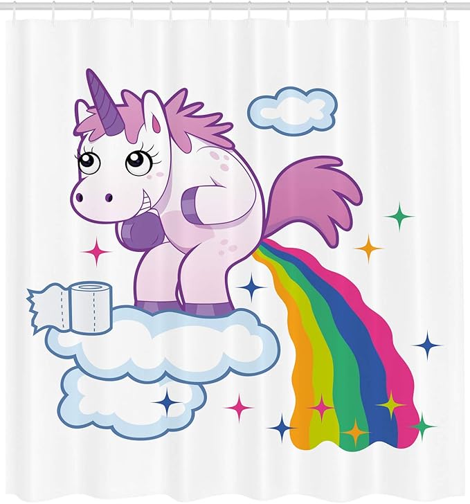 Ambesonne Funny Shower Curtain, Unicorn Pooping Rainbow Over Clouds Creative Girls Fantasy Cartoon, Cloth Fabric Bathroom Decor Set with Hooks, 69" W x 70" L, Pale Purple