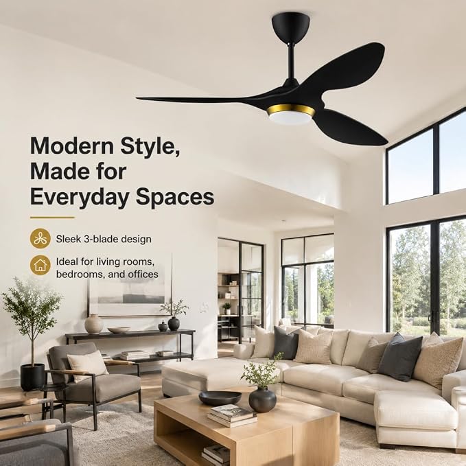 reiga 52 Inch Black Modern Ceiling Fans with Lights and Remote Control, Smart WiFi 3 Blades Quiet DC Motor for Living Room Bedroom Patio Garage, ETL Listed