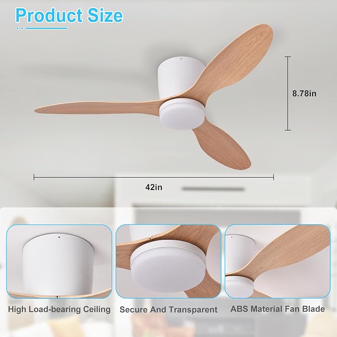 Depuley Flush Mount Ceiling Fan: 42-Inch White Ceiling Fans with Lights for Bedroom Indoor Outdoor - Low Profile Ceiling Fans with Remote Control 24W 3CCT Dimmable 3 Reversible Wood Blades 6 Speeds