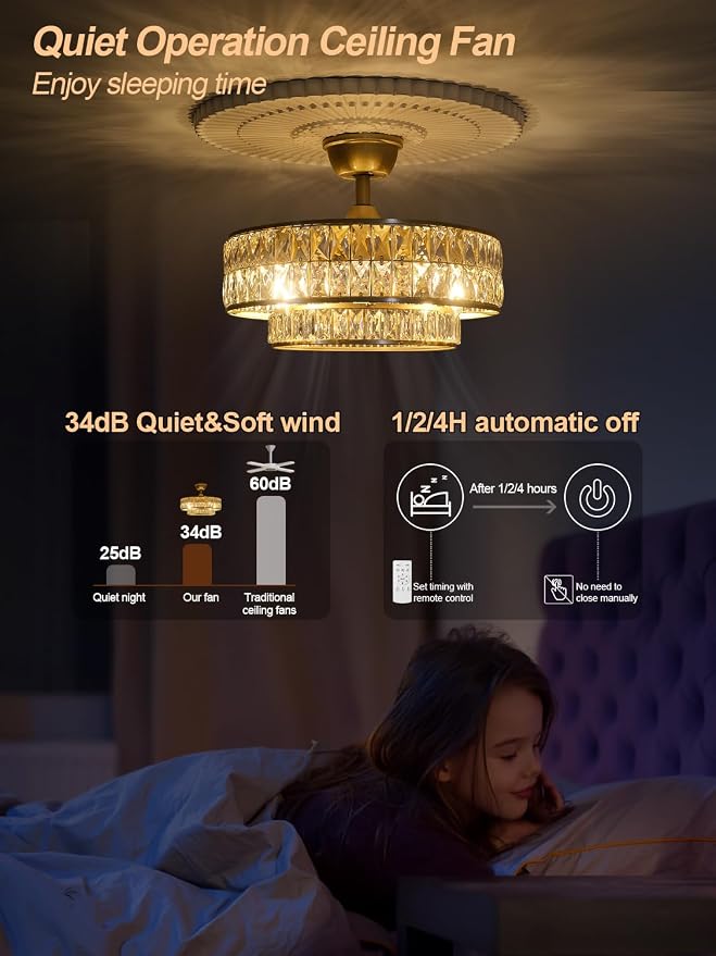 Gold Fandelier Ceiling Fan with Light,20" Crystal Chandelier Ceiling Fans with Lights and Remote Control,Modern Caged Flush Mount Fandelier with 6 Speeds for Living Room Bedroom Nursery