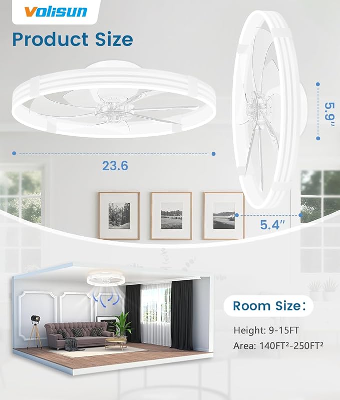 VOLISUN Low Profile Ceiling Fans with Lights and Remote, 24in Flush Mount Ceiling Fan with Light, 3000K-6500K Dimmable Fandelier LED Fan Light, White Bladeless Ceiling Fans with Lights for Bedroom