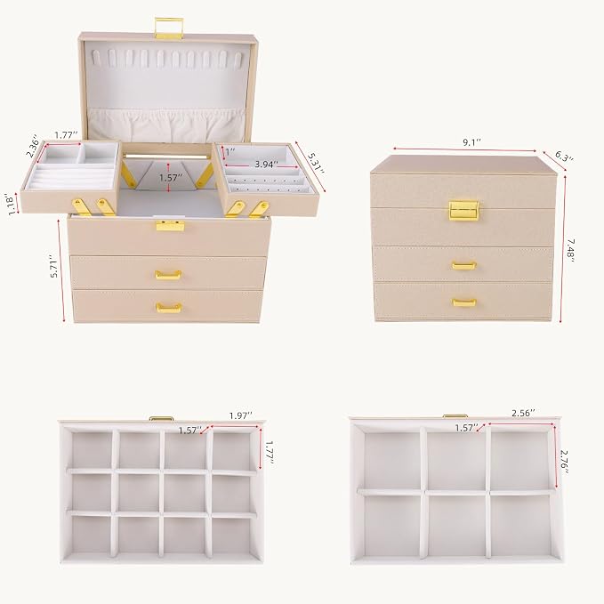 Dajasan Jewelry Organizer Box, Large Jewelry Boxes for Women Girls, Space-Saving 4 Layers Jewelry Storage Case with Drawer, Movable Metal Stand, Modern, Gift Idea (Champagne + Gold)