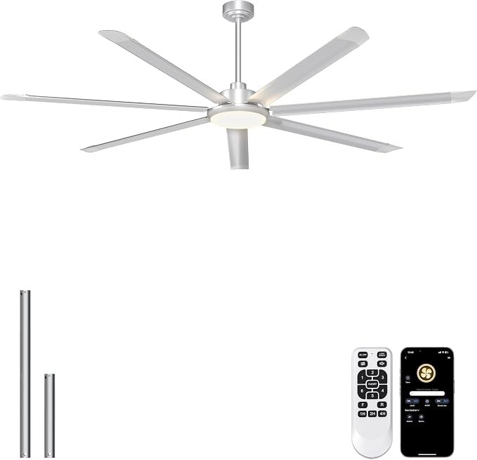 Ohniyou 84'' Industrial Ceiling Fan with Light for Shop, Garage, Silver | 11000 CFM Airflow, 7 Aluminum Blades, 3CCT, Remote/APP Control, 6 Speeds, Reverse Mode, Large Commercial Metal Fan for Gym