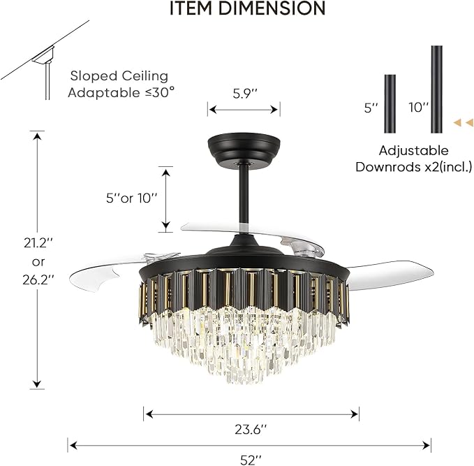 52 Inch Chandelier Ceiling Fan, Fandelier Retractable Ceiling Fan for Bedroom Living Room, 3 Color Tempeature, 6-Speed Reversible Motor, Timer & Memory Function-Black