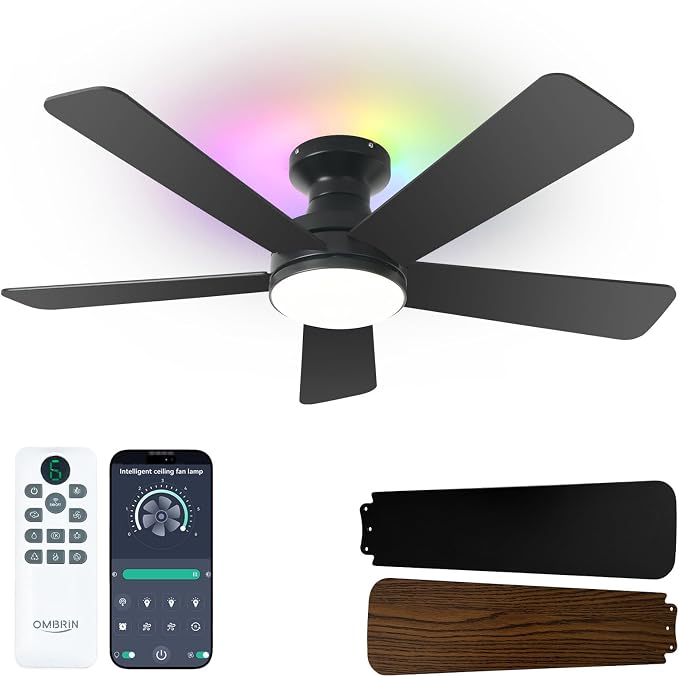 42 Inch Ceiling Fans with Lights, RGB Ceiling Fan with Light, App&Remote Control, Flush Mount Low Profile, Reversible, 3CCT, Dimmable LED, Noiseless, Black Ceiling Fan for Bedroom