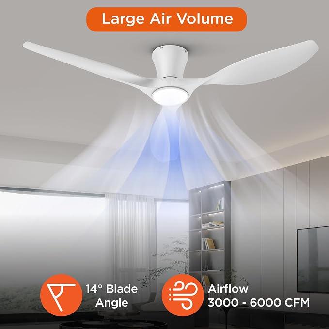TALOYA 52 inch Smart Ceiling Fan,Low Profile Ceiling Fan with Light and Remote/App Control,Flush Mount, Quiet Reversible Motor for Living Room Bedroom Patio White