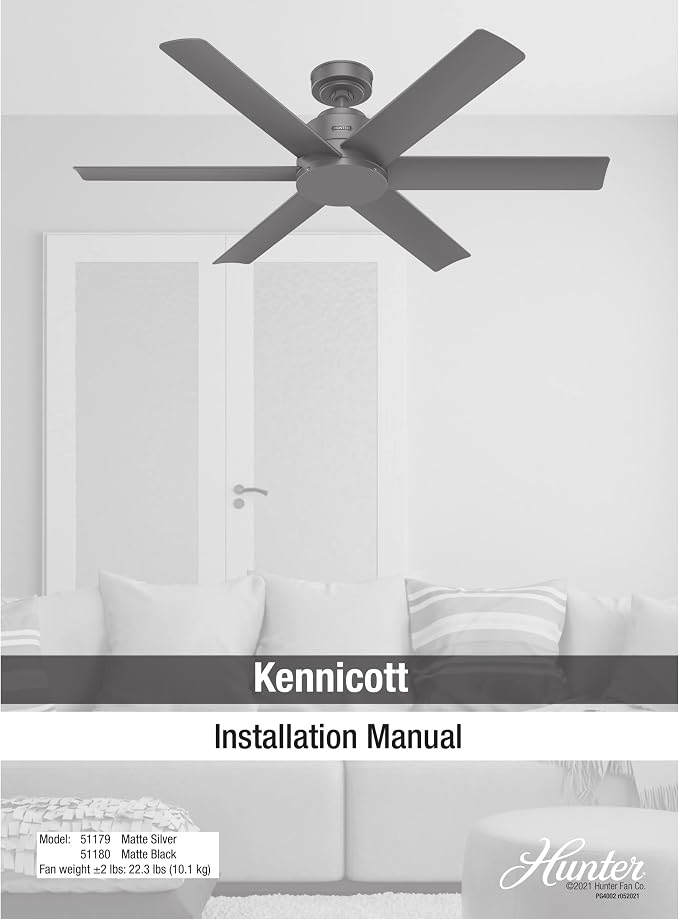 Hunter Kennicott, Outdoor or Indoor, Ceiling Fan, 52 inch, Matte Silver | No Light, Standard Mount, Wall Control, 6 Blades, For Living Room, Patio, Porch, Garage, 51179