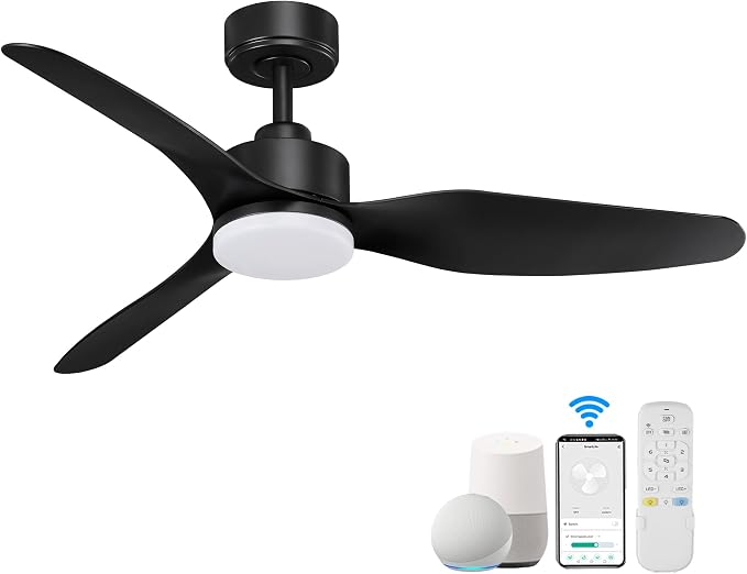 Hoenofly 48” Smart Ceiling Fans with LED Lights Remote,Quiet DC Motor,Dimmable,Outdoor Indoor Modern Ceiling Fan Controlled by WIFI Alexa App,3 Black Blades for Bedroom Living Room Patio Porch