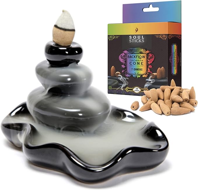 SOUL STICKS Backflow Incense Holder Burner Waterfall Fountain for Home, Office, Yoga, Room Decor & Aromatherapy with 1 Pack of 10 Backflow Fragrance Cones Included (Balance)