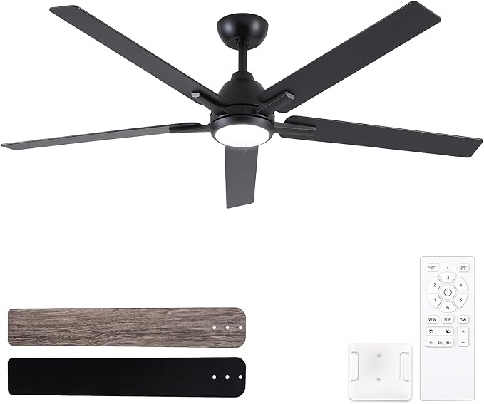 Sevenine 60 Inch Downrod Black Ceiling Fan with Light & Remote, ETL Listed | 6 Speed, Quiet DC Motor, 3-Level Timer Function, 3 Color Temperature, Forward/Reserve For all Seasons, Indoor/Covered Outdoor