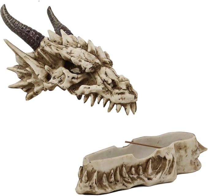 Ebros Gift 9" Long Smoking Nostrils and Eyes Bone Skeleton Fossil Dragon Skull 'Stryker' Incense Stick Burner Sculptural Box Statue Home Aromatherapy Decorative for Dungeons and Dragons GOT Fans