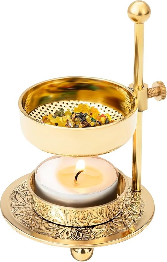 Handmade Gold Brass Incense Burner/Incense Censer with Sieve – Adjustable Height 4.33 Inch Adjustable Incense Heater for Aromatherapy with Tea Light Included (Gold Brass)