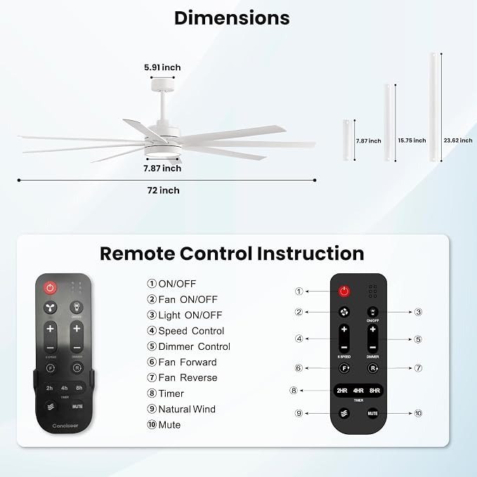Modern Ceiling Fans with Lights, 72 Inch Ceiling Fan with Remote for Bedroom Living Room Kitchen Library Cafe Outdoor/Industrial Use,24W 6CCT 8 Blades 6 Speed Reversible Quiet DC Motor, White