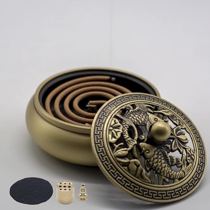 Incense Holder Burner,Pure Copper Antique Fish Pattern, Incense Ash Catcher for Sticks or Cone Incense,Mosquito Incense,Sage Cones and Palo Santo(Stick/Cone/Coil Incense)