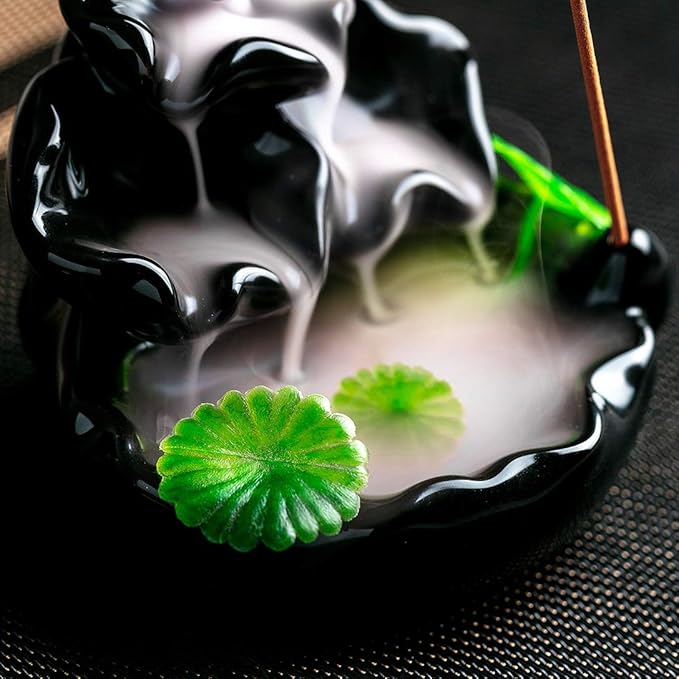 Cute Ceramic Backflow Incense Holder Waterfall Incense Burner with 48 Incense Cones and 30 Incense Stick, Incense Fountain for Home Decor, Desk Decor(Black)
