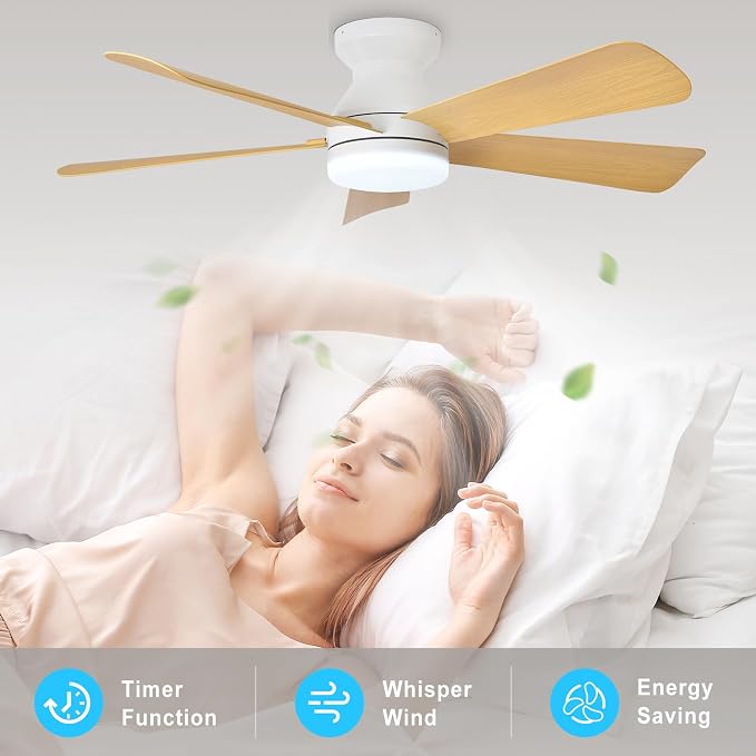 Depuley Modern Ceiling Fan with Light: 42-Inch White Small Fans for Bedroom Indoor Outdoor - Dimmable Low Profile Ceiling Fans with Remote Control Flush Mount 5 Reversible Wood Blades 6 Speeds Timer