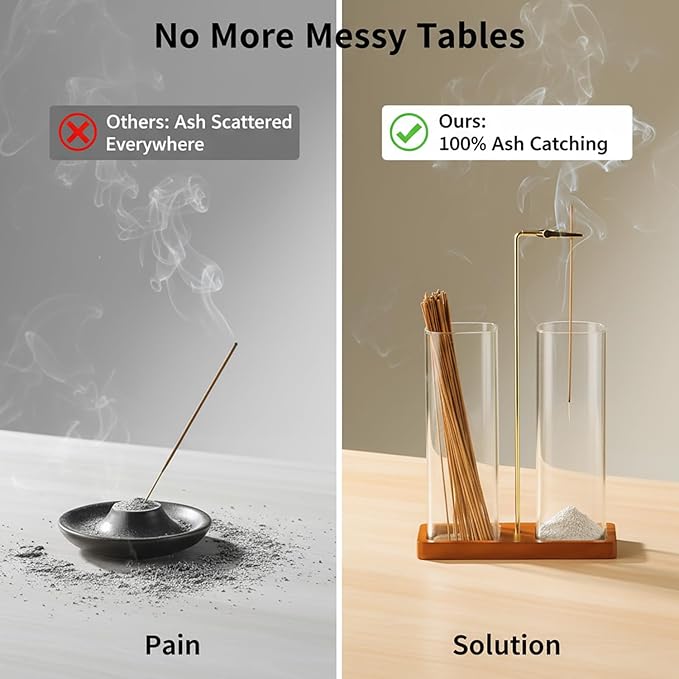 2 in 1 Incense Holder, Upside Down Glass Incense Holder for Sticks, Anti-Ash Incense Burner with Ash Catcher & Incense Storage for Meditation Yoga Spa Home Decor (Square)