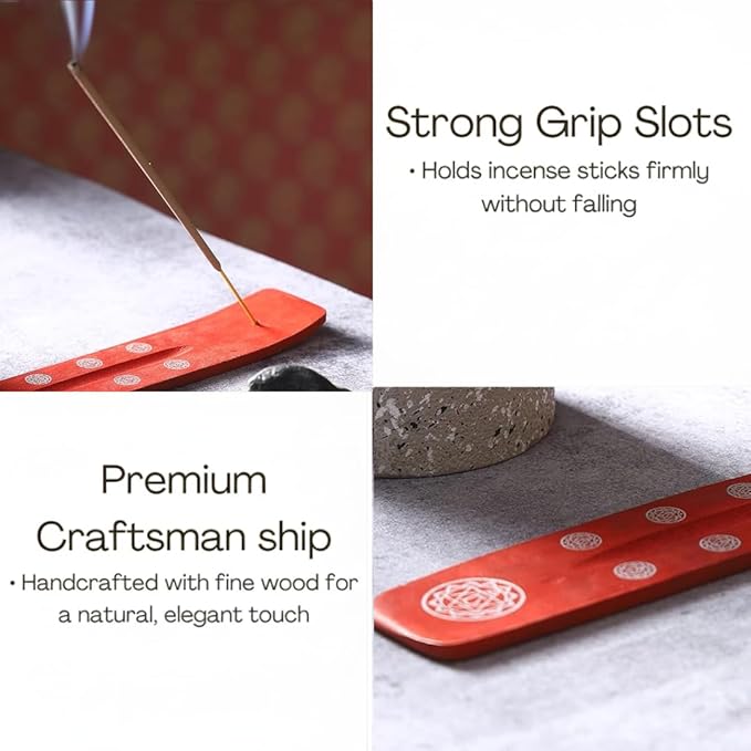 Bless-International Traditional-Handmade-Burner Wooden-Incense-Stick-Holder Ash-Catcher-Stand for-Aromatherapy-Meditation-Yoga (Fire Red) 10 Inches, Pack of 2