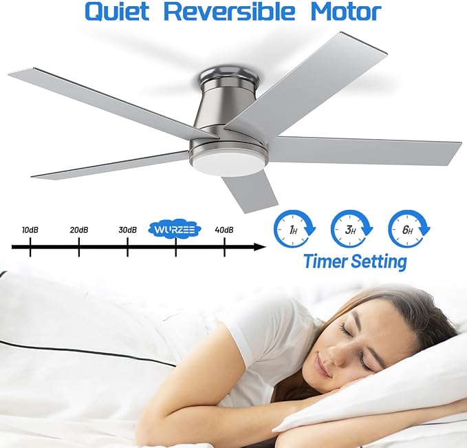 wurzee 52" Flush Mount Ceiling Fan Brushed Nickel Ceiling Fan 6 Speeds DC Reversible Motor, Timing, Dimmable, 5 Blades for Bedroom,Living, Dining Indoor Patio Porch Garage Shop