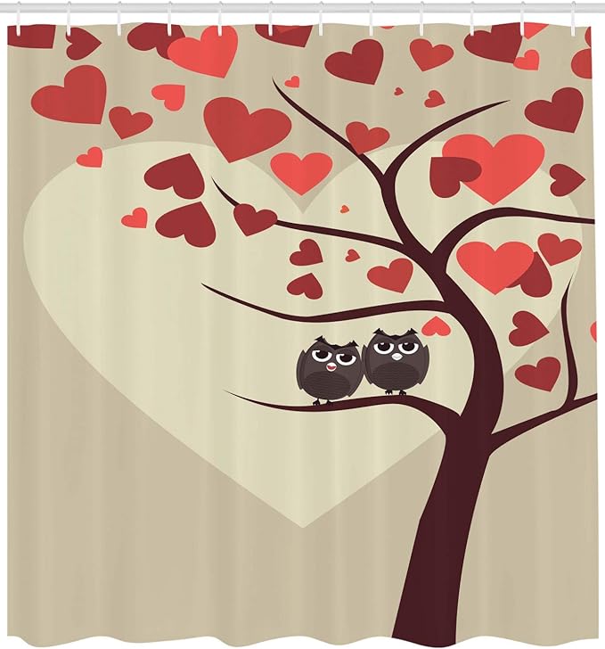 Ambesonne Owls Shower Curtain, Owl Couples Sitting on Branch Valentine Tree Valentines Day Anniversary Artwork, Cloth Fabric Bathroom Decor Set with Hooks, 69" W x 70" L, Red Brown Ivory