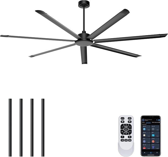 Ohniyou 96'' Ceiling Fan No Light, Black Industrial Ceiling Fan with Remote/APP, 7 Aluminum Blades, 17500 CFM DC Motor for Shop, Warehouse, Gym, Garage, Patios