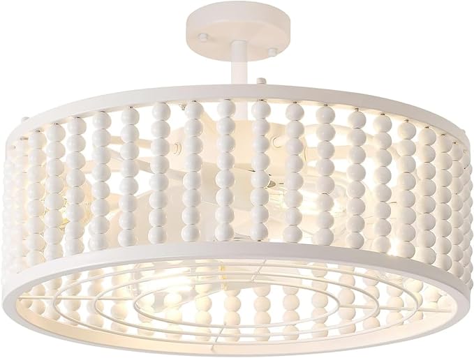 Ceiling Fans with Lights and Remote - Bulbs Included, Caged Fandelier with Handcrafted Beaded Décor 19 inches Reversible Flat and Angled Ceiling Installation, White