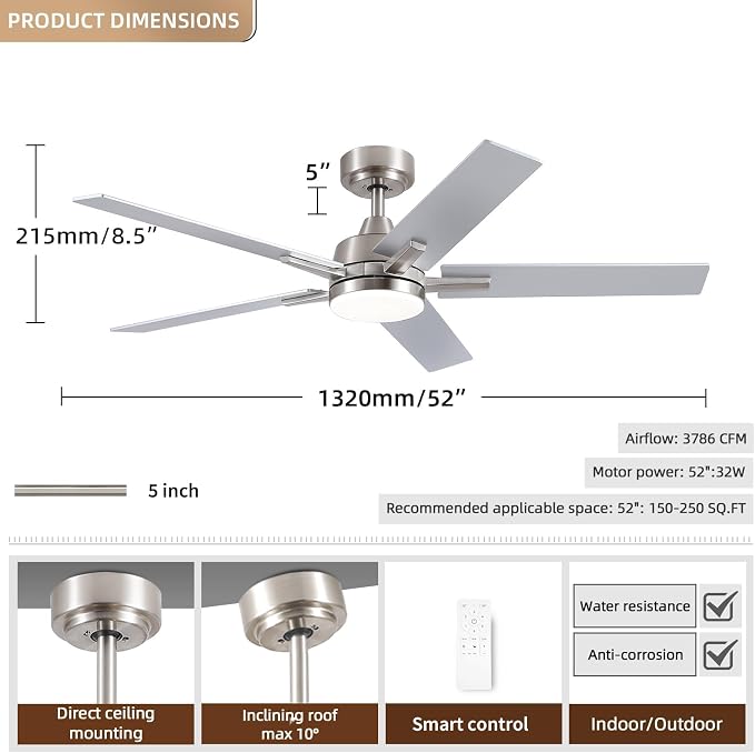 Ceiling Fans with Lights, 52 inch Brushed Nickel Ceiling Fans with Lights and Remote Control, Reversible, 3CCT, Dimmable, Noiseless, Downrod, Modern Ceiling Fan for Bedroom, Indoor/Outdoor Use