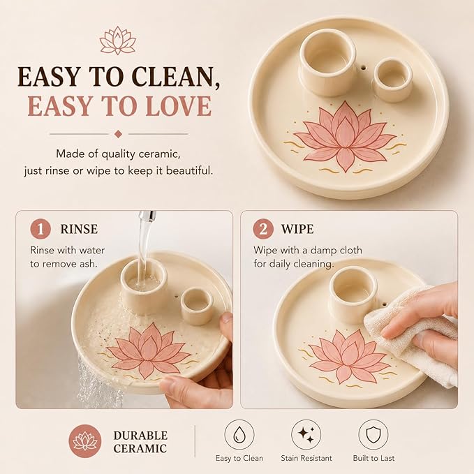Incense & Palo Santo Holder – 6.5'' Ceramic Sage Burner for Sticks, Bundles, Cones, Candle & Tealight with Ash Catcher – Jewelry Tray, Smudge Pot, Home Décor, Meditation Gift (Pink Lotus)