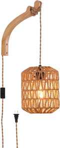Plug in Wall Sconce,Farmhouse Wicker Wall Lamp Plug in,Hand Woven Rattan Wall Light Farmhouse Rustic Boho Sconces Wall Lighting for Living Room Bedroom