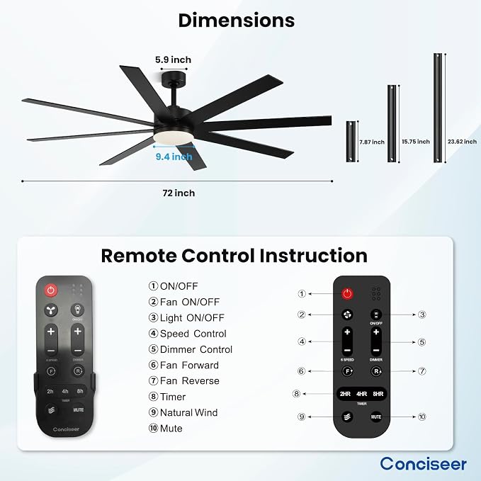 Conciseer Modern 72 Inch Ceiling Fans with Lights and Remote, Dual Color 8 Blades,Living Room Office Library Cafe Outdoor Industrial, 24W 3CCT 6 Speed Reversible Quiet DC Motor, Black/Wood Grain