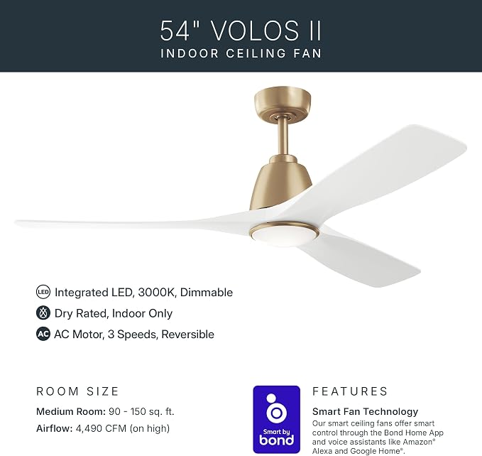 Kichler 54" Volos II 3 Blade Ceiling Fan in Champagne Bronze with Matte White Blades, Easy-to-Install AC Motor, Downrod, 300054-CPZ