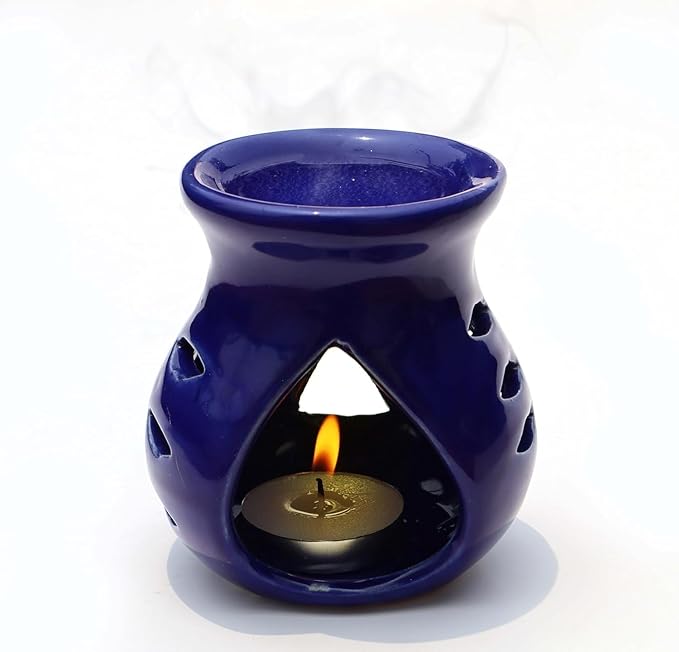 Pure Source India Ceramic Essential Oil Burner Wax Melt Burners |Aromatherapy| Ceramic Oil Diffuser| Candle Tealight Holder (Set of 1) Home Bedroom Decor Christmas Housewarming Gift, Blue