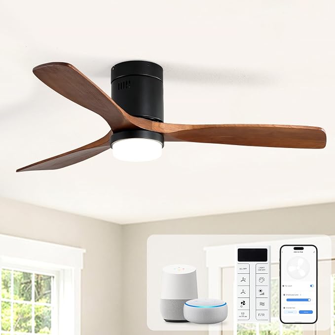 Sofucor 52 Inch Smart Ceiling Fans with Lights, Flush Mount Ceiling Fan with Lights and Remote, Work with Alexa/Google/App, Quiet DC Motor, 3 Blade Wood Ceiling Fan for Bedroom Patio, Walnut&black