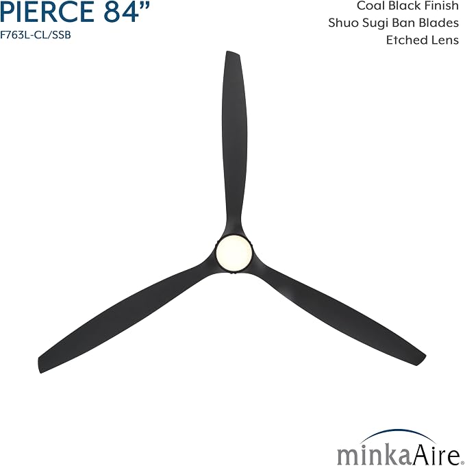 MINKA-AIRE F763L-CL/SSB Pierce 84" 3-Blade LED Smart Ceiling Fan - Coal and Shou Sugi Ban Finish Blades with Etched Lens
