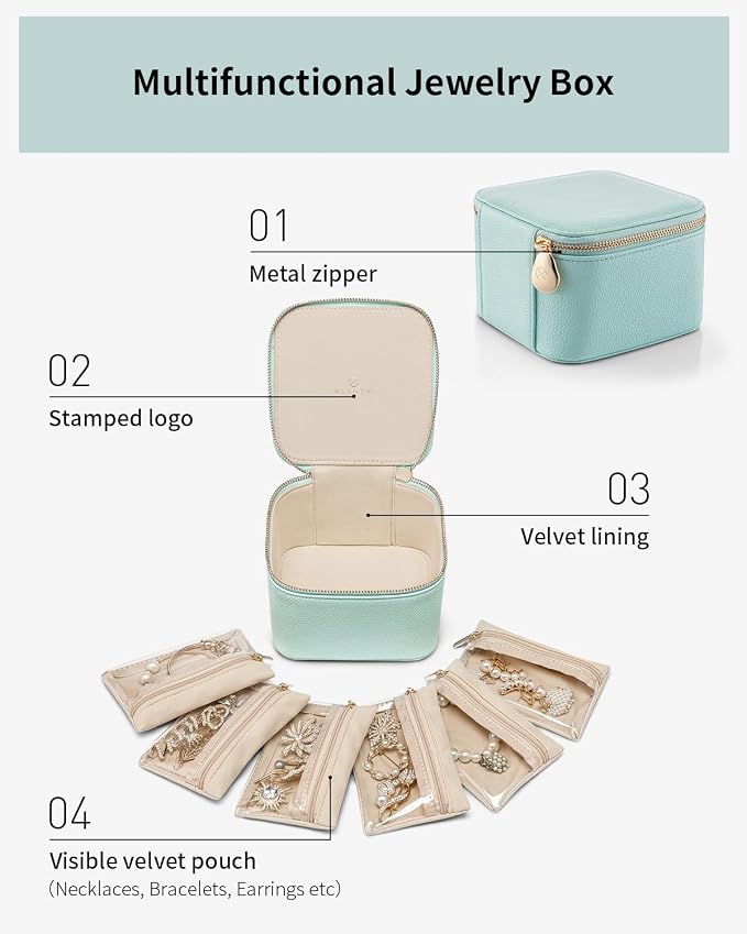 VLANDO Travel Jewelry Box for Women Faux Leather Jewelry Box with 6 Velvet Jewelry Zipper Pockets Earrings Necklace Rings Storage Boxes Christmas Gift for Mom Wife(Lake Blue)