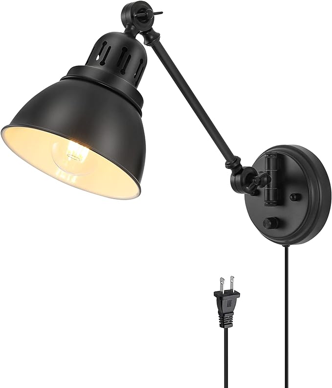GOODATE Plug in Wall Sconces, Wall Sconce Lighting with Dimmable On Off Switch, Swing Arm Wall Lamp, Black Metal Industrial Wall Light Fixtures, Safety E26 Base, 6FT Plug in Cord