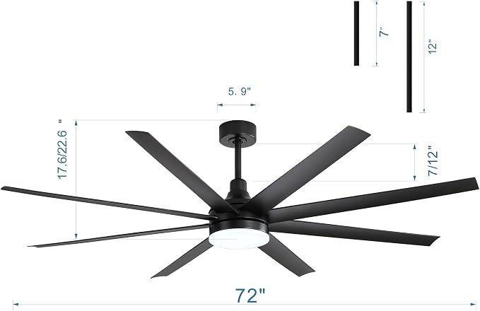 72" Black Ceiling Fans with Lights and Remote, 8 ABS Blades, 6-Speed Reversible DC Motor, 2 Downrods, 3 Color Led Light, Large Industrial Indoor Ceiling Fan Fandeliers for Bedroom Living Dining Room
