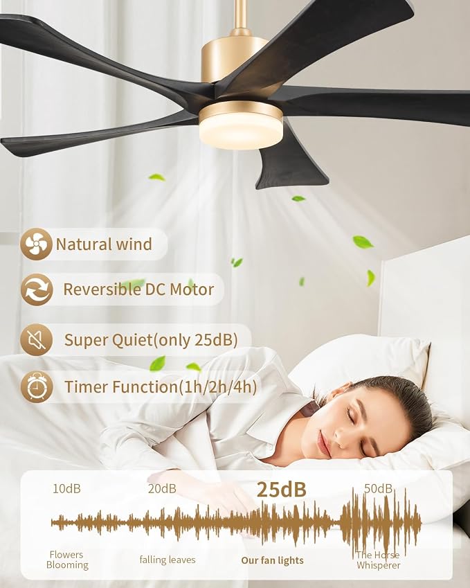 52" Black and Gold Ceiling Fan with Lights and Remote, Outdoor Ceiling Fan for Patios, USA Original Patent, ETL Listed, 5 Blade, 3 Downrods, 6 Speeds Reversible DC Motor Fan, 52", Gold Black