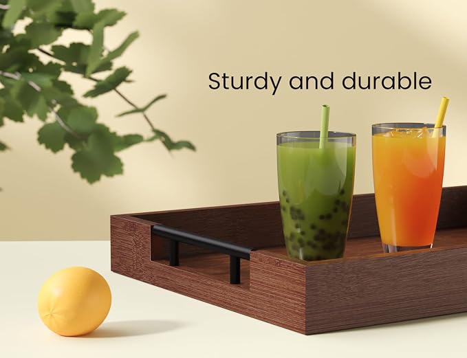 Fibogollo Bamboo Serving Tray with Metal Handles,17x12in Ottoman Decorative Trays Platter for Coffee Table,Living Room,Bar,Party,Large(Brown)