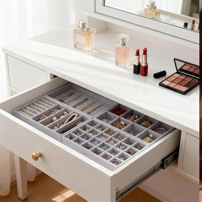 Velvet Jewelry Drawer Organizer – Four-Piece Stackable Jewelry Tray Set for Earrings, Rings, Necklaces, Bracelets, and Watches. Customizable jewelry dividers. Suitable for Dressing Tables or Vanities