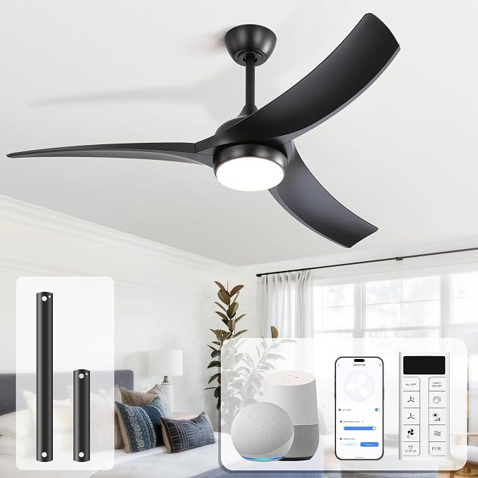 Sofucor 52 Inch Smart Ceiling Fan, Work with App/Alexa/Google, Outdoor Black Ceiling Fan with Lights Remote Control, Airflow 6000CFM ABS 3 Blade Reversible DC Motor for Bedroom Living Room Patio