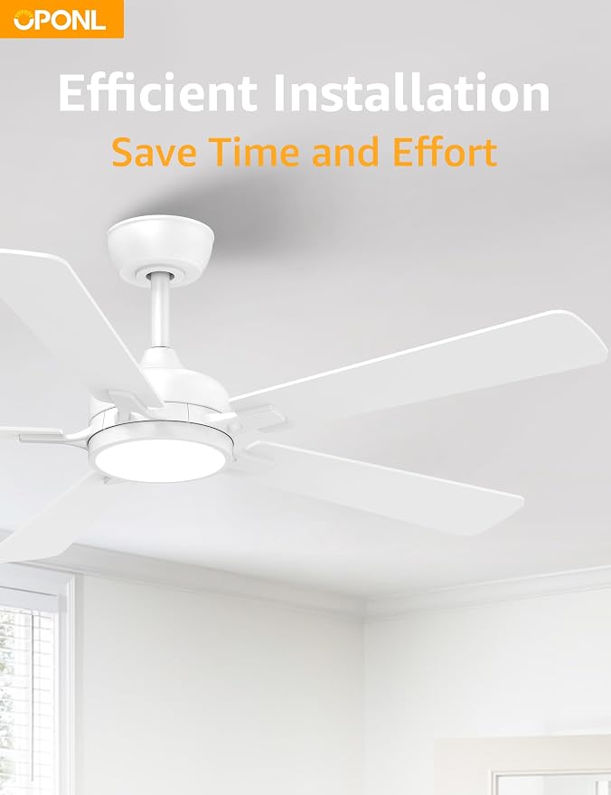 OPONL Ceiling Fan with Light, Ceiling fan with Light and Remote Control, Reversible, 6CCT, Dimmable, Noiseless, Ceiling Fan for Bedroom, Indoor/Outdoor Use, White, 52 inch, Classic