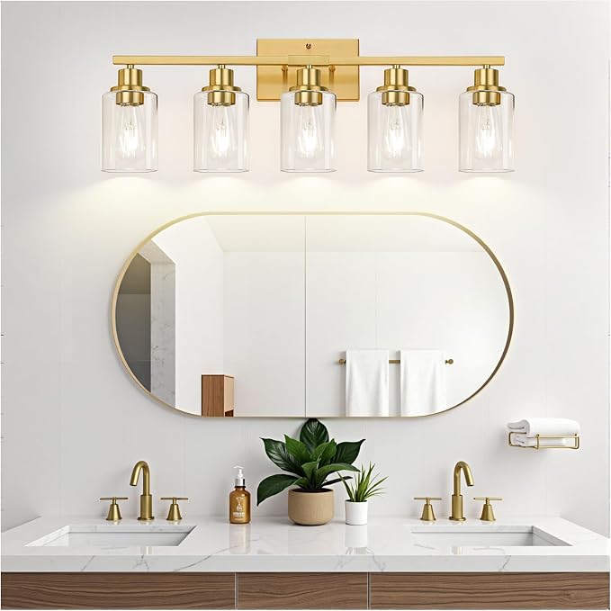 Indoi 5-Light Bathroom Light Fixtures, Brushed Gold Modern Vanity Lights with Clear Glass Shades, Bathroom Wall Lamp for Mirror Living Room Cabinet Bedroom Porch