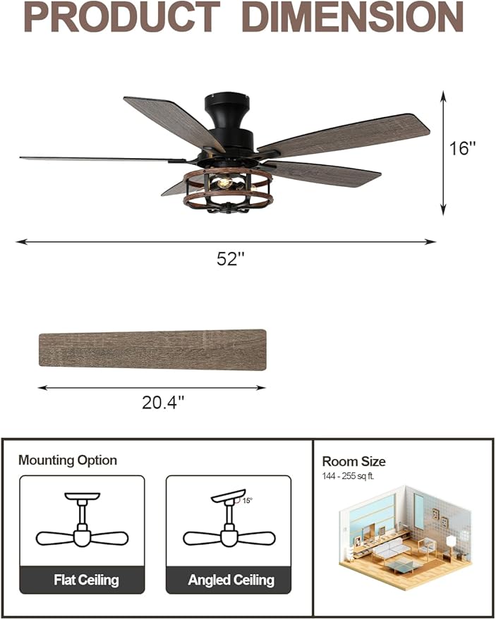 52 Inch Flush Mount Farmhouse Ceiling Fan with Light Rustic Caged Low Profile Ceiling Fan for Living Room Bedroom Patio