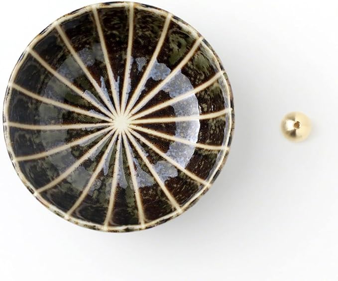 Asayu Japan Lotus Incense Holder for Sticks 4.1 inch (105mm), Traditional Made in Japan Ceramic Ash Catcher and Brass Incense Burner Set - Green Lotus