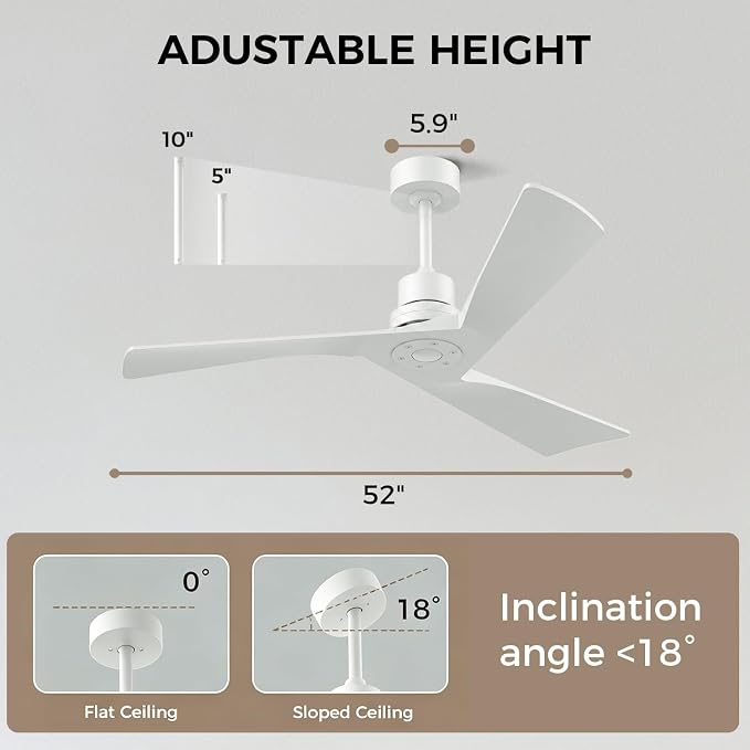 Obabala Ceiling Fan 52 Inch with Remote, Solid Wood Blades DC Motor 5000 CFM Quiet 35dB, Reversible 6 Speed Modern Farmhouse for Bedroom Living Room Indoor Outdoor, No Light with Downrod