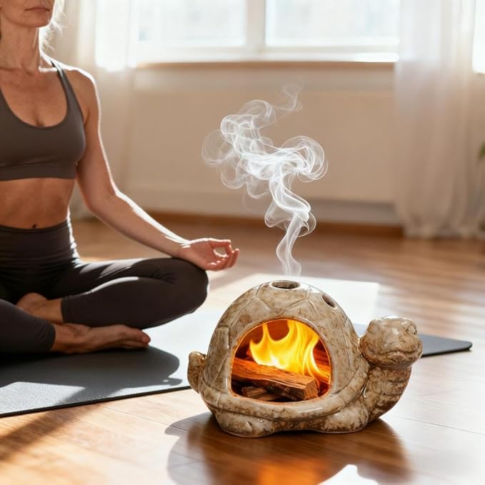 Ceramic Turtle Mini Chiminea- Multifunctional Incense Holder for Sage, Cone Incense, Copal & Small Candle | Aromatherapy Gift for Meditation, Yoga, Zen Spaces | Indoor Use, Hamster Nest Decor (Brown)