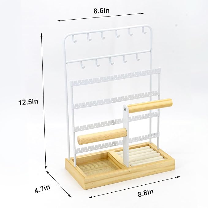 Jewelry Holder Organizer Stand 4-Tier Necklace Stand Earring Holder with Wooden Tray, Jewelry Rack for Bracelets Watches and Rings Display Stand, Gifts for Women & Girls-White